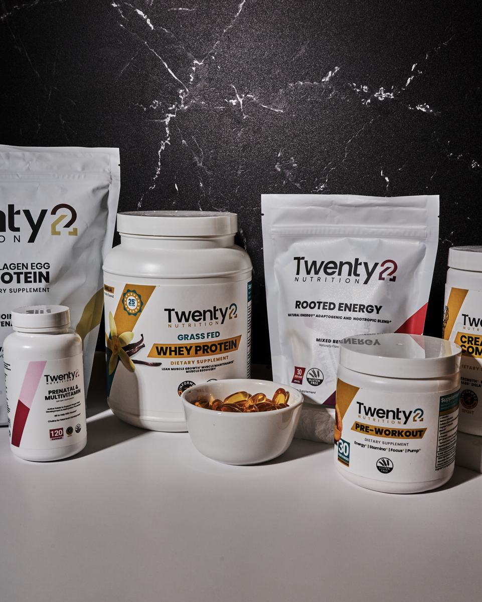Twenty2 Nutrition discount supplements: grass-fed whey protein, organic greens powder, creatine, electrolytes, and omega-3 on sale