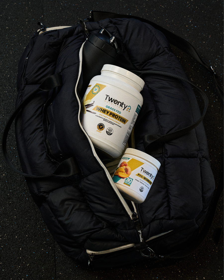 Twenty2 Nutrition gym supplements collection: grass-fed whey protein, collagen and egg protein, vegan protein, creatine, and pre-workout